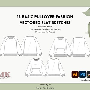 12 Basic Pullover Fashion Flats | Vectored Illustrator Files | Fashion Templates | Apparel Mockup | Editable Graphic Design Mockups | Unisex