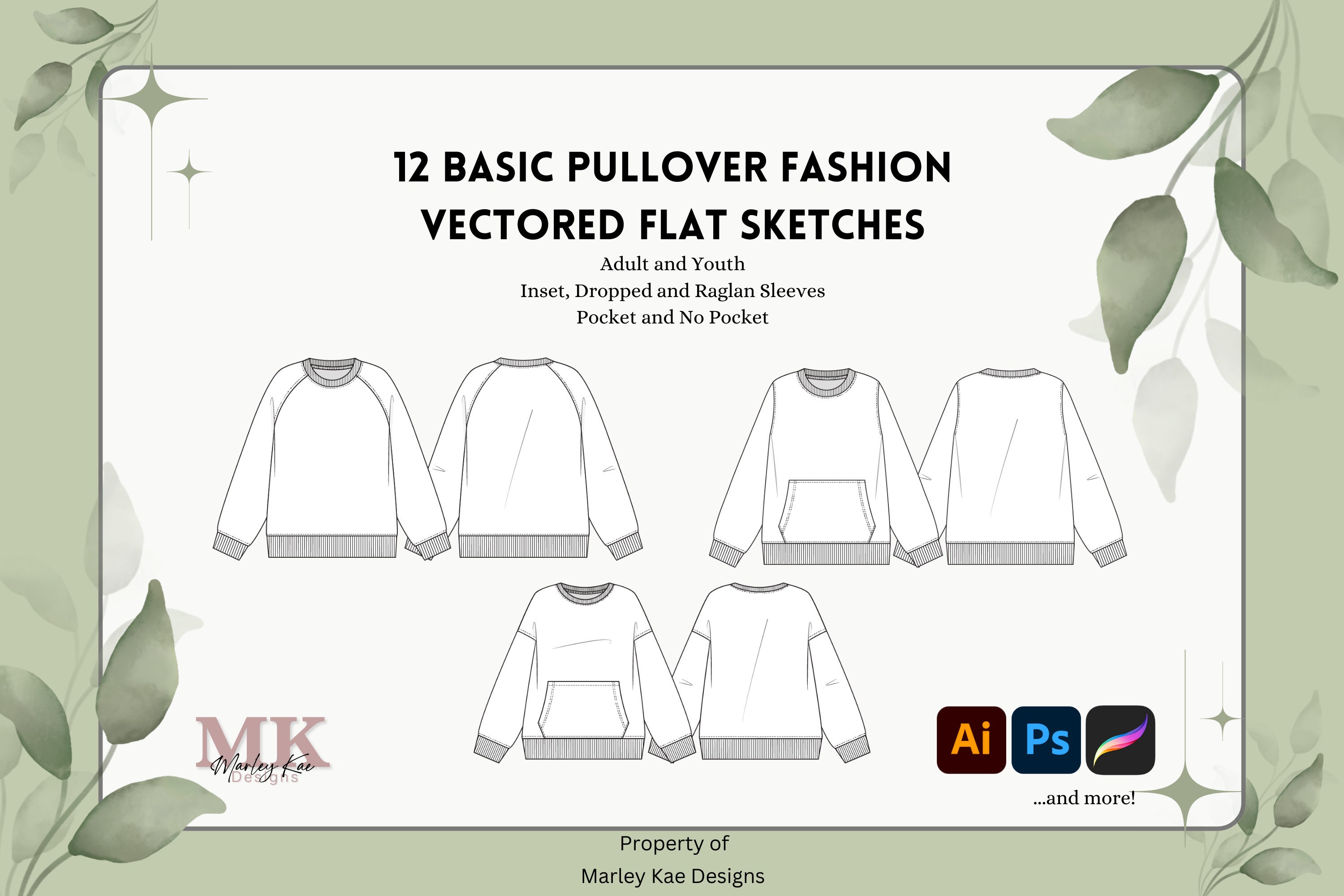 12 Basic Pullover Fashion Flats | Vectored Illustrator Files | Fashion ...