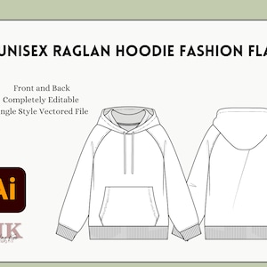 Unisex Raglan Hoodie Fashion Flat | Vectored Illustrator Files | Templates | Apparel Mockup | Editable Design Mockups | Technical Drawing