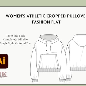 Damen Sportlicher Pullover Flach | Vektorisierte Illustrator Dateien | Mode Vorlagen | Bekleidung Mockup | Bearbeitbare Mockups | Technische Zeichnung
