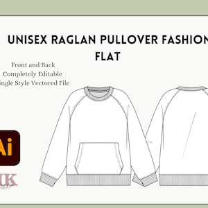 Unisex Raglan Pullover Fashion Flat | Vectored Illustrator Files | Templates | Apparel Mockup | Editable Design Mockups | Technical Drawing