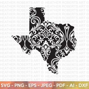 May include: A black and white damask pattern in the shape of the state of Texas. The pattern is a traditional floral design with intricate details.