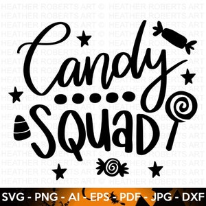 May include: Black and white graphic design with the text "Candy Squad" in a whimsical font. The design includes candy-themed elements like lollipops, candy corn, and wrapped candies.