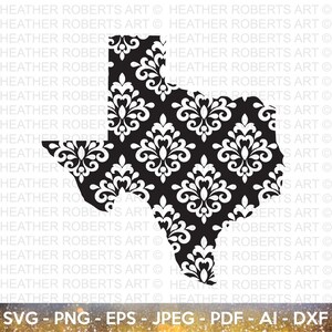 May include: A black and white damask pattern in the shape of the state of Texas.