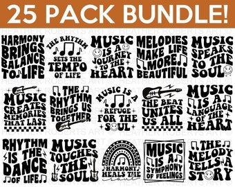 May include: A digital download of 25 black and white SVG cut files featuring music-themed quotes. The quotes include "Harmony brings balance to life", "The rhythm sets the tempo of life", "Music is a journey to the heart", "Melodies make life more beautiful", "Music speaks to the soul", "Music creates memories that last", "The rhythm brings us together", "Music is a refuge for the soul", "The beat unites us all", "Music is a language of the heart", "Rhythm is the dance of life", "Music touches the soul", "Harmony heals the soul", "Music is a symphony of feelings", and "The melody tells a story".