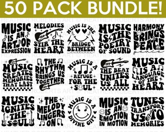 May include: A set of 50 black and white digital cut files featuring music-themed quotes and illustrations. The quotes include phrases like "Music is the bridge between cultures" and "Music ignites the soul".