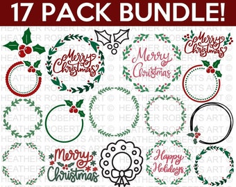 May include: A set of 17 Christmas wreath SVG cut files. The wreaths are decorated with holly, berries, and the text "Merry Christmas" or "Happy Holidays".