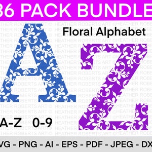 Bloemen monogram alfabet en cijfers SVG, bloem monogram frame alfabet, Victoriaans patroon svg, gesneden bestand voor Cricut, 36 afzonderlijke gesneden bestand