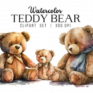 Clipart de urso de pelúcia em aquarela, clipart fofo de urso de pelúcia, clipart para fazer cartões, clipart de papel digital, ilustração em aquarela, download instantâneo
