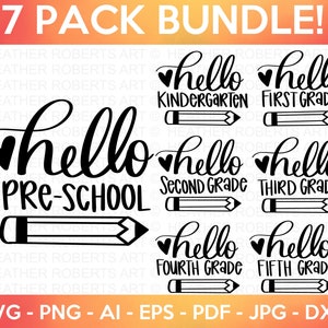 Pacote SVG Hello School, SVG de volta às aulas, professor svg, escola, camisa escolar para crianças svg, camisa infantil svg, escrita à mão, arquivo cortado Cricut