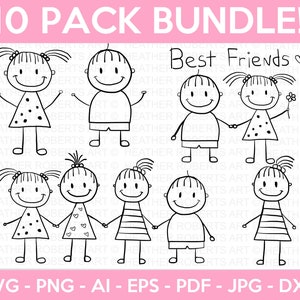 10 PACK Stick Figures SVG Bundle - Stick Boy Clipart - Stick Girl Png - Stick People, Vectors, Jpeg, Children's Writing, Cut File Cricut