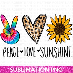 Peace Love Sunshine PNG, Segno della mano della pace PNG, cuore stampato leopardo png, sublimazione girasole, pace png, cuore png, file di sublimazione