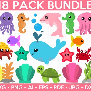 Sea Creatures SVG Bundle, Sea Animals SVG, Seahorse SVG, Crab svg, Fish svg, Cute Sea Creatures svg, Cut Files for Cricut, Silhouette