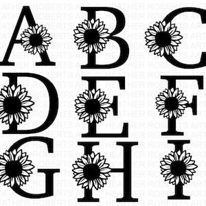 Sonnenblumen Alphabet und Zahlen SVG, Sonnenblumen Monogramm Rahmen Alphabet, Sonnenblumen Buchstaben SVG, Schnittdatei für Cricut, 36 Individuelle Schnittdatei