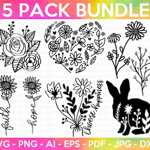 Pacote SVG de flores silvestres, SVG de flores, SVG floral, SVG de flores silvestres desenhado à mão, SVG botânico, SVG de natureza, SVG de planta, minimalista, Arquivo de corte Cricut