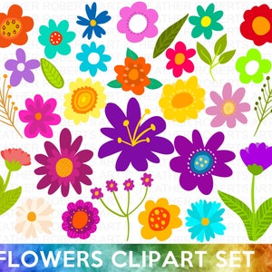 Conjunto de clipart de flores, floral colorido, sublimação, flores PNG, flores fofas PNG, decorações de festa, adesivos de flores PNG, download instantâneo