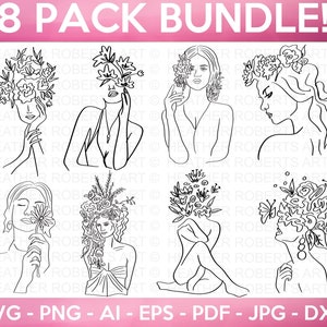 Line Art Women SVG Bundle, Mujer flores svg, Flores en el cabello svg, Svg para lienzo, Canvas Art svg, Line art svg, Cortar archivos para Cricut