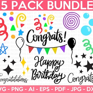 Pacchetto SVG celebrazioni, Pacchetto SVG festa, Decorazioni per feste in formato SVG, Festa di compleanno in formato SVG, Saluti in formato SVG, Taglia file per Cricut, Silhouette