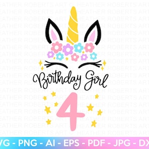 Quarto compleanno unicorno SVG, camicia del 4° compleanno SVG, faccia di unicorno SVG, unicorno in formato SVG, ragazza di compleanno in formato SVG, regalo per il compleanno, file tagliati Cricut