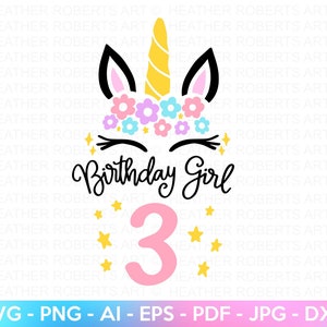 Third Unicorn Birthday SVG, 3rd Birthday Shirt SVG, Unicorn Face SVG, Unicorn svg, Birthday Girl svg, Gift for Birthday, Cut files Cricut
