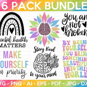 Pacote SVG de saúde mental, SVG positivo, SVG de amor próprio, SVG motivacional, Conscientização sobre saúde mental, SVG inspirador, arquivos cortados para Cricut