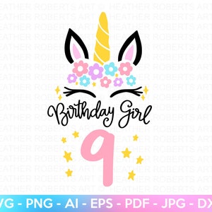 Neuvième anniversaire Licorne SVG, 9e anniversaire chemise SVG, SVG visage licorne, licorne svg, svg d'anniversaire de fille, cadeau pour un anniversaire, couper des fichiers Cricut