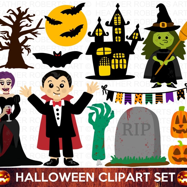 Halloween Clipart Set, Halloween PNG, Cute Halloween Clipart Set, Witch PNG, Vampire PNG, Halloween Decorations, Stickers, Sublimation Files