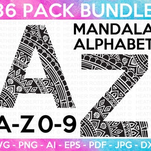 Alfabeto e numeri Mandala SVG, Alfabeto cornice monogramma Mandala, Lettere Mandala SVG, File di taglio per Cricut, 36 File di taglio individuali