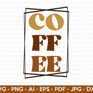 Könnte beinhalten: Ein braunes, goldenes und schwarzes Grafikdesign mit dem Wort "COFFEE" in einer Schriftart im Vintage-Stil.
