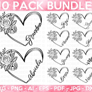 Paquete SVG de marco de corazón floral, abuela svg, Oma svg, Mimi svg, Gigi svg, Abuela svg, Abuela svg, Abuela svg, Cortar archivo Cricut,Silhouette