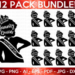 Geburtstag Monat Königinnen SVG Bundle, Afro Birthday Queen svg, Afro Girl SVG, Afro Birthday Girls, schwarze Geburtstagskönigin SVG, Cut-Datei für Cricut