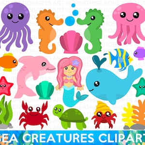 Clipart di creature marine, animali marini, sublimazione, granchio, cavalluccio marino, pesce, sirena PNG, simpatiche creature marine PNG, festa sotto il mare, sublimazione