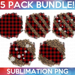 May include: Five sublimation PNG designs featuring a red and black buffalo plaid pattern, leopard print, and snowflakes. The designs are perfect for creating custom crafts, apparel, and home decor.
