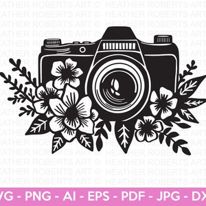 Floral appareil photo SVG, SVG photographe, photographie SVG, floral, prise de photo svg, svg chemise photographe, couper des fichiers pour Cricut, Silhouette