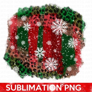 May include: A digital design featuring a red, green, and brown plaid pattern with a leopard print overlay. The design is surrounded by white snowflakes and has a watercolor effect.