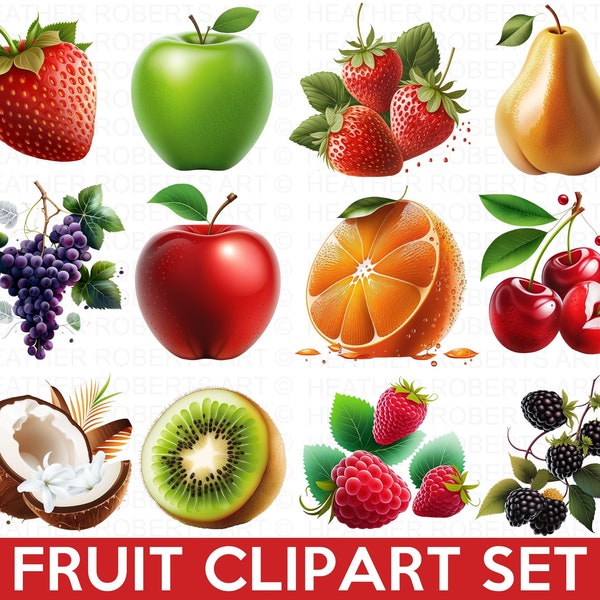 Obst Clipart Set , Früchte PNG, Clipart Set Erdbeere, Apfel, Kirschen, Orange, Orange, Birne, Beeren