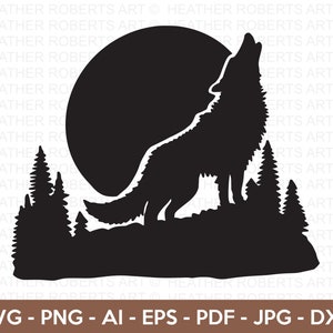 Loup hurlant SVG, SVG de loup, loup Silhouette SVG, svg nature sauvage, svg de la forêt, svg pleine lune, fichiers de coupe pour Cricut, Silhouette
