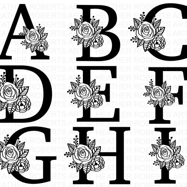 Rose Floral Alphabet and Numbers SVG, Flower Monogram Frame Alphabet, Floral Letters SVG, Cut File for Cricut, 35 Individual Cut File