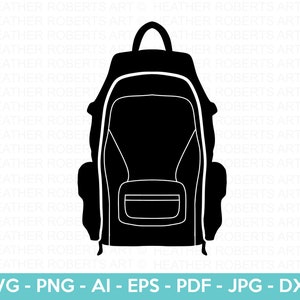 May include: Black silhouette of a backpack with a single zippered pocket on the front.