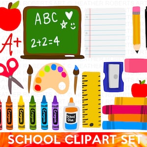 School Clipart Set, School Supplies Clipart Set, PNG Files, Crayons, Pencils, Cute School Supplies Clipart, Back to School Sublimation Files