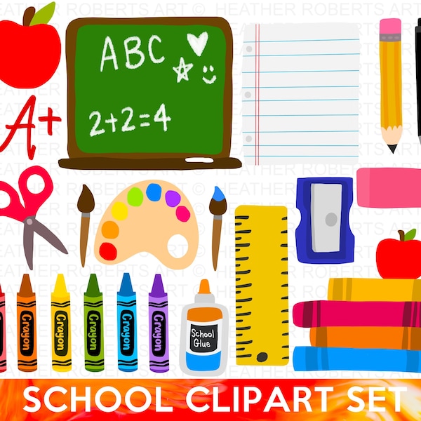 School Clipart Set, School Supplies Clipart Set, PNG Files, Crayons, Pencils, Cute School Supplies Clipart, Back to School Sublimation Files