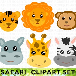Safari Jungle Animal Faces Clipart Set, Safari PNG, Animales Lindos, Imágenes Prediseñadas de Animales Safari, Fiesta Temática Safari, Pegatinas Safari PNG, Sublimación