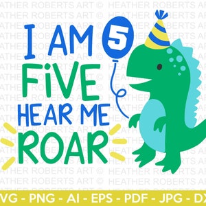 Ich bin FÜNF Hören Sie mich Roar SVG, niedlicher Dinosaurier Schädel, T-Rex Blatt, Dino Geburtstag, kleiner Junge Schädel, Geburtstag SVG, Dinosaurier Geburtstag, Cut File Cricut