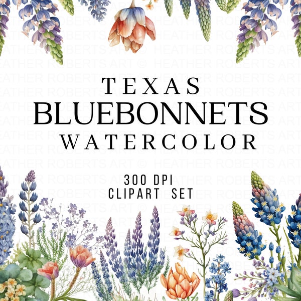 Bluebonnets Watercolor Clipart - Texas State Flower, Wildflowers Clipart, Watercolor Flowers, Bluebonnet Painting