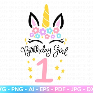 Unicorn 1st Birthday Girl SVG: Floral Unicorn Face (Digital Files)