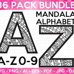 Mandala alphabet et chiffres SVG, mandala monogramme alphabet cadre, mandala lettres SVG, fichier de coupe pour Cricut, fichier de coupe individuelle 36