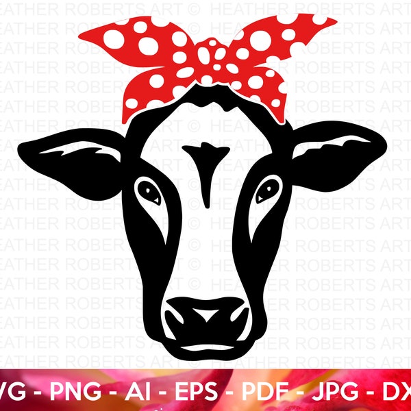 Cow with Red Bow svg, Red Bandana SVG, Polka Dots Bandana svg, Cow Face svg, Cow Head svg, Farm svg, Dairy cow svg, Cut Files for Cricut