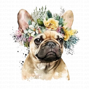 Clipart de buldogue francês em aquarela, coroa de flores PNG, clipart de buldogue fofo, clipart para fazer cartões, clipart de papel digital, download instantâneo