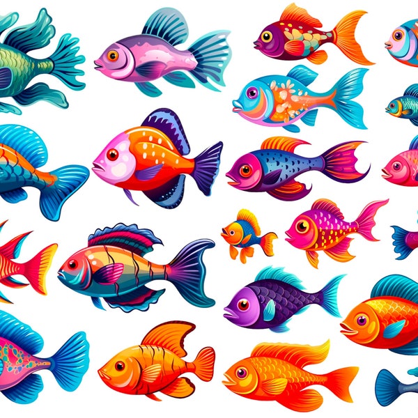 Fish Mega Clipart Set, Fish PNG, Fish Clipart, Sea Creatures Clipart, Sea Animals, Sublimation, Cute Sea Creatures PNG, Cute Fish PNG
