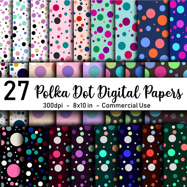 27 PACK Polka Dot Digital Paper Back, Instant Download, Rainbow Polka Dots, Scrapbook Pages, Digital Scrapbooking, Dot Patterns